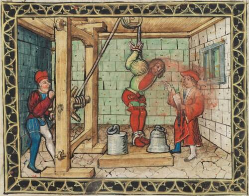 "Estrapade" (séance de torture). Chronique de Diebold Schilling 1513 (Korporation Luzern, conservée à la ZHB de Lucerne)