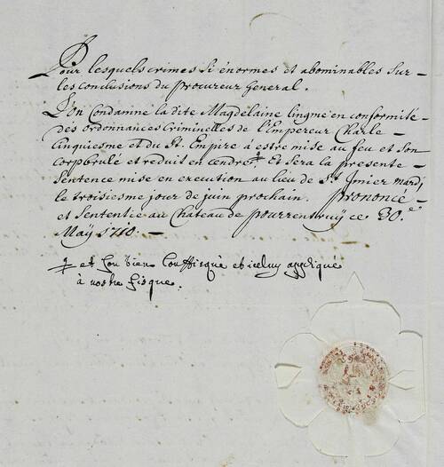 Urteil gegen Madeleine Lingme, aus Cormoret, die letzte bekannte Hexe, die im Fürstbistum Basel hingerichtet wurde, im Jahr 1710 (AAEB, PCrim E 447-16)