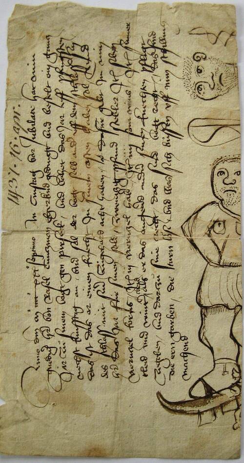 Engagement du bailli de la seigneurie du Birseck, 1437, 16 avril (chirographe, avec dessin d’un paysan)