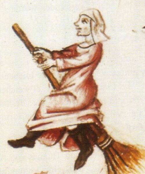 Sorcière sur son balai (miniature d’un manuscrit de Martin Le Franc, Le champion des dames, 15e s.)