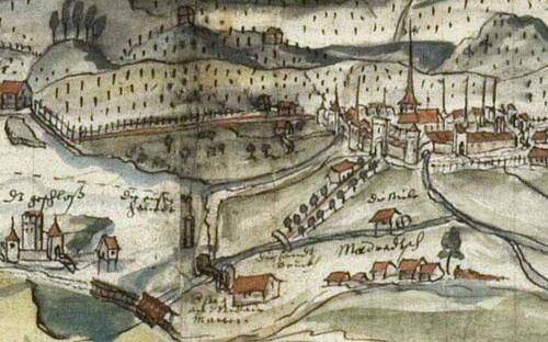 Détail d'une vue de Bienne par Verresius, 1625 (AAEB, B 138/64)