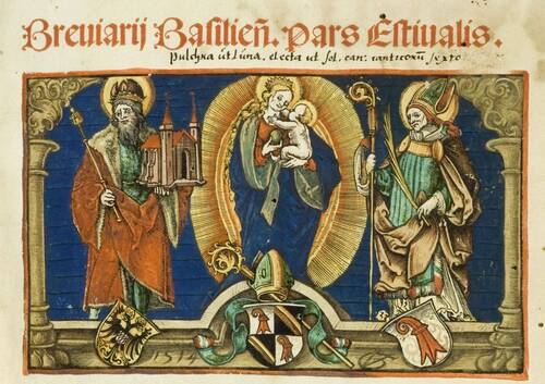 Vierge à l’Enfant entourée de s. Pantale et s. Henri. Gravure d'Urs Graf, en frontispice du Bréviaire du diocèse de Bâle, partie d'été (1515, Cod. 66A)