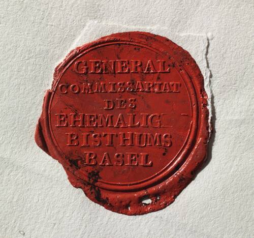 Wachssiegel "General Commissariat des ehemalig(en) Bisthums Basel" (Eidgenössischer Kommissar Johann Konrad von Escher, 1815, Bestand Principauté de Porrentruy)