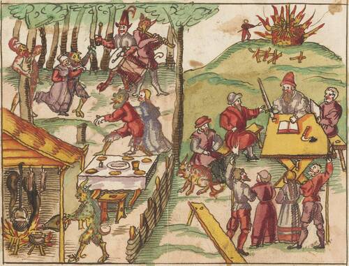 Zwei Hexen aus Erlach (BE), 1568. Chronik von Johann Jakob Wick (Zentralbibliothek Zürich, Handschriftenabteilung, Wickiana, Ms. F 18, fol. 146v).